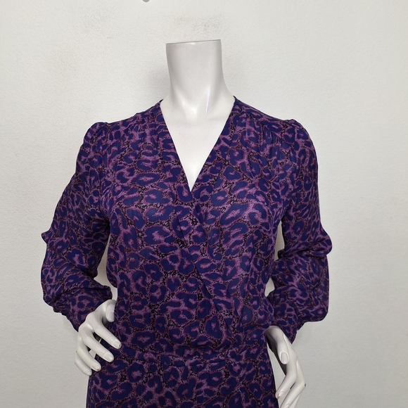 Parker Purple 100% Silk Leopard Print Mobwife Maxamalism Faux Wrap Mini Dress- S - Picture 3 of 15